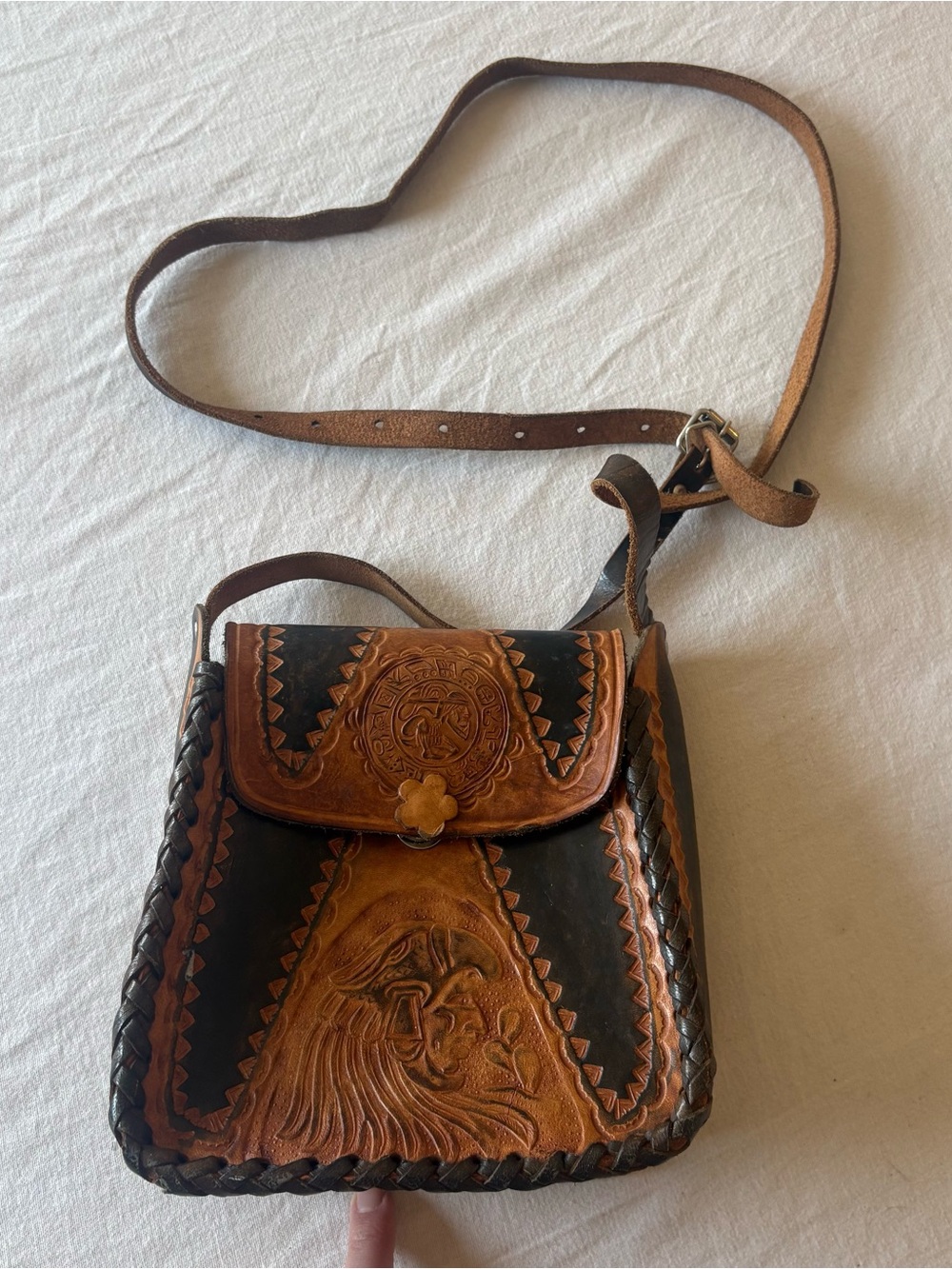 Vintage Handcrafted Brown Tooled Leather Crossbody Bag with Aztec design